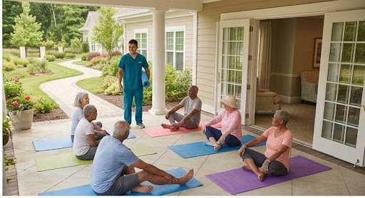 Residents enjoying a group wellness session on the garden patio