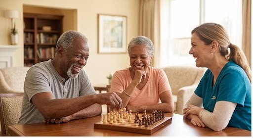 Residents playing chess in the living room with a care team member